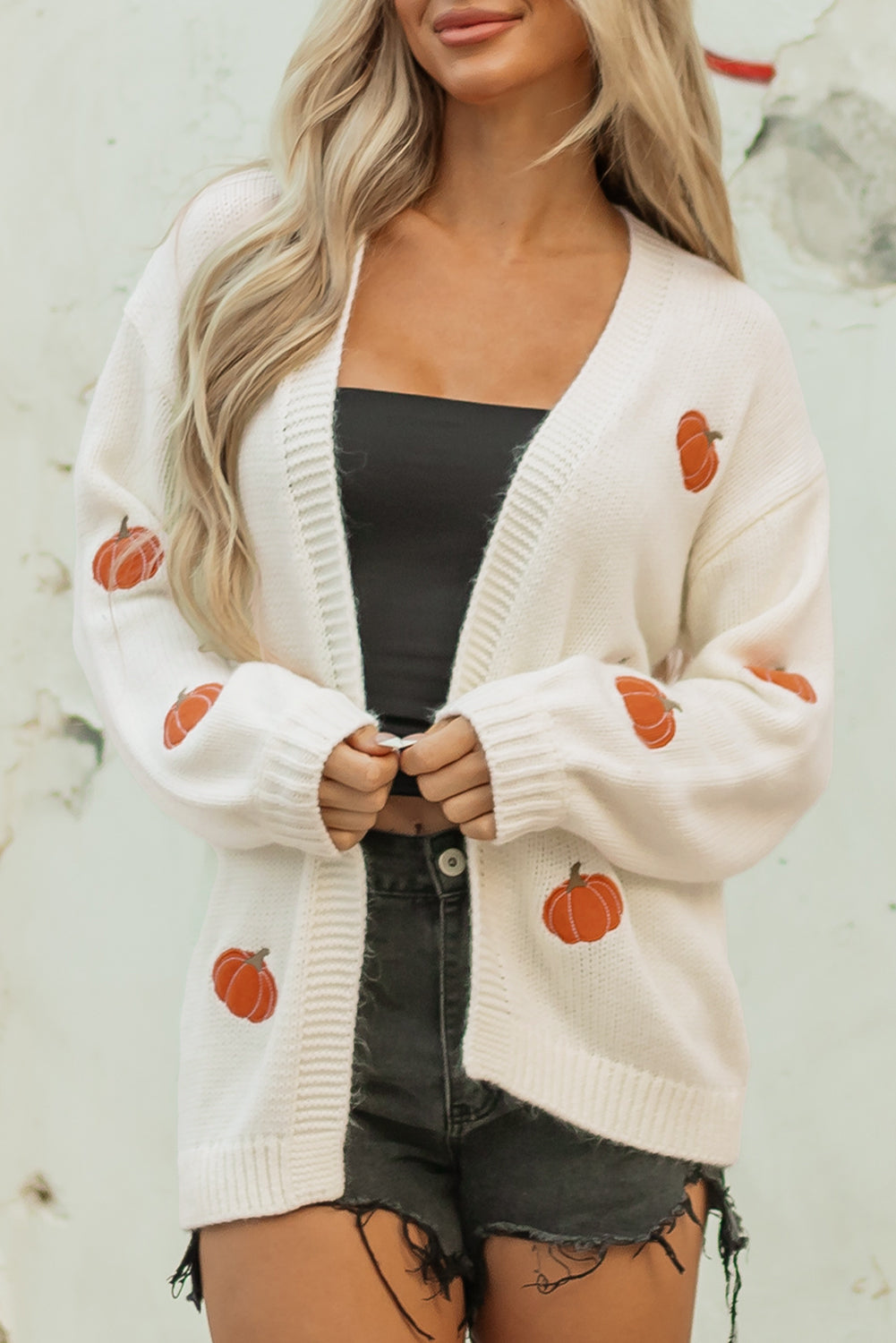 White Pumpkin Print Open Front Drop Shoulder Midi Cardigan