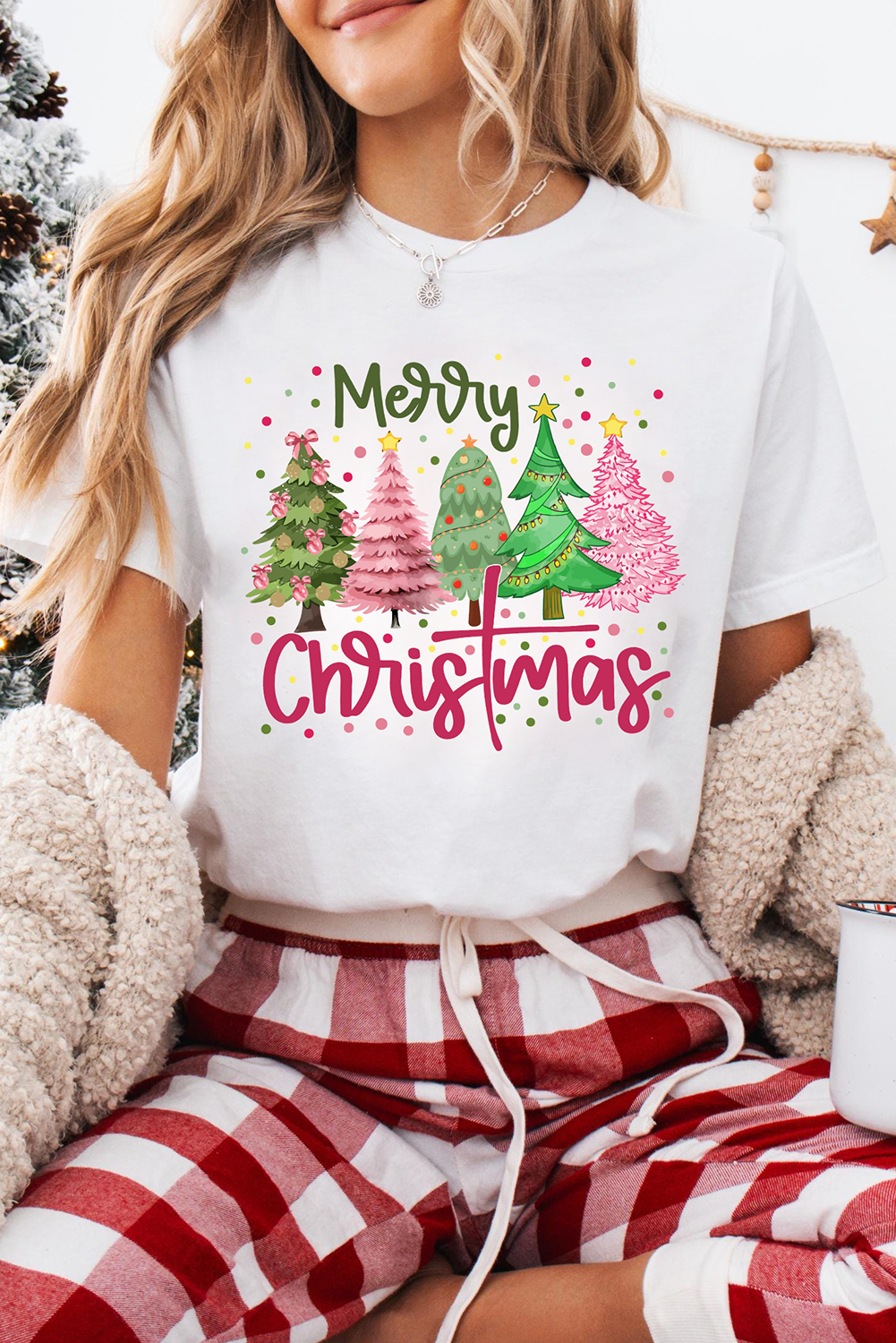 White Merry Christmas Holiday Vibe Graphic Crewneck T-Shirt