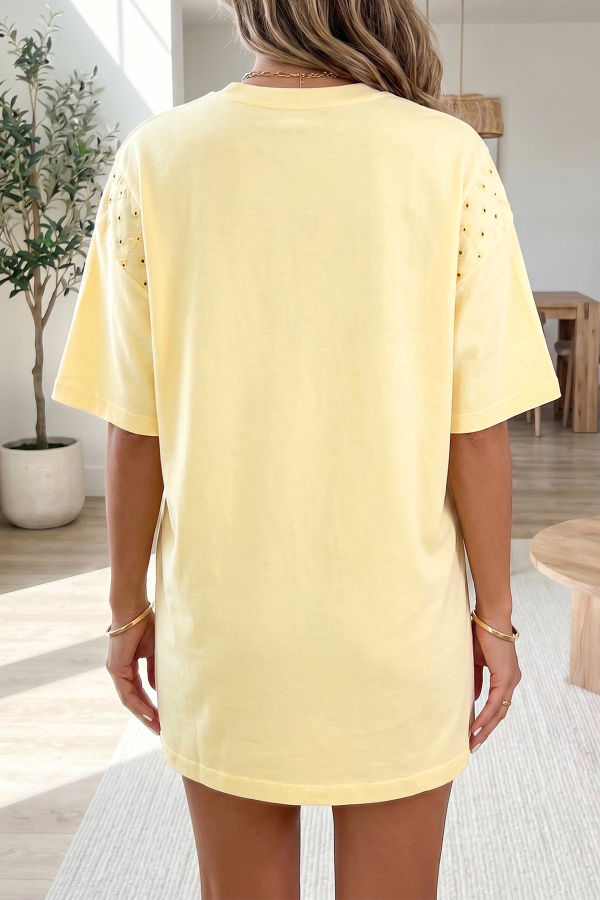 Yellow Cream Eyelet Embroidered Lace Splicing Sleeve T Shirt Dress