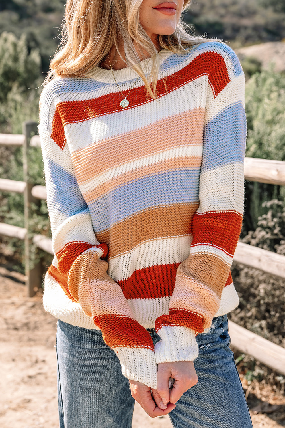 Pink Striped Colorblock Round Neck Drop Shoulder Sweater