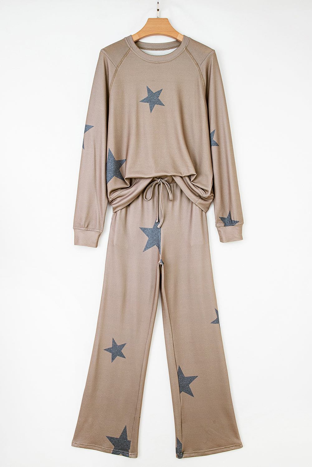 Khaki Retro Star Print Long Sleeve Drawstring Wide Leg Lounge Set