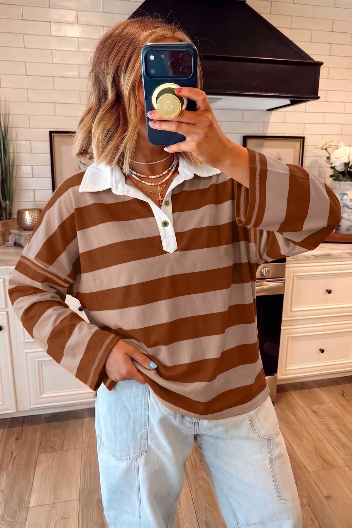 Blue Stripe Contrast Polo Collar Bracelet Sleeve Top