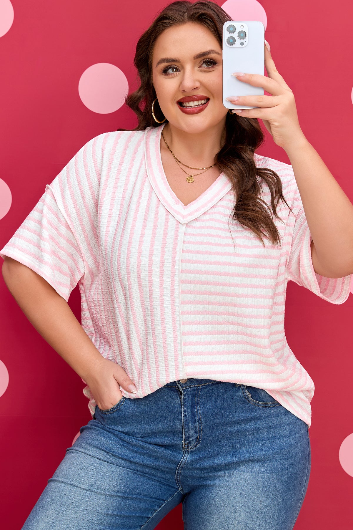 Pink Stripe Plus Size V-Neck Exposed Seam Patchwork T-Shirt