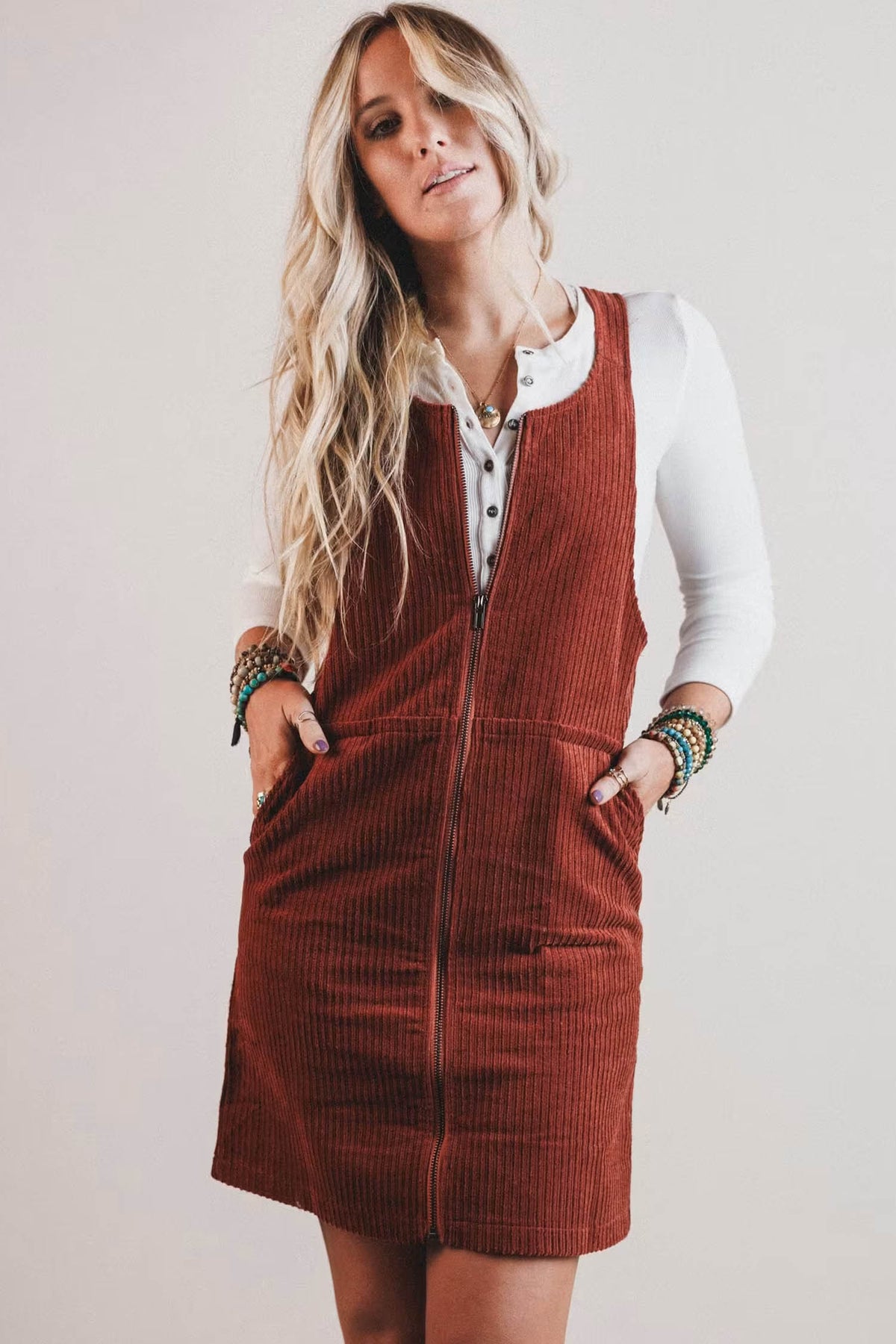 Clay Ribbed Corduroy Zip Up Sleeveless Pocket Sheath Dress