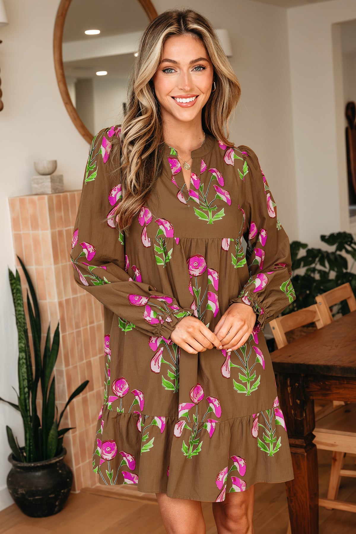 Brown Floral Print Babydoll Tunic Ruffled Hem Puff Sleeve Dress