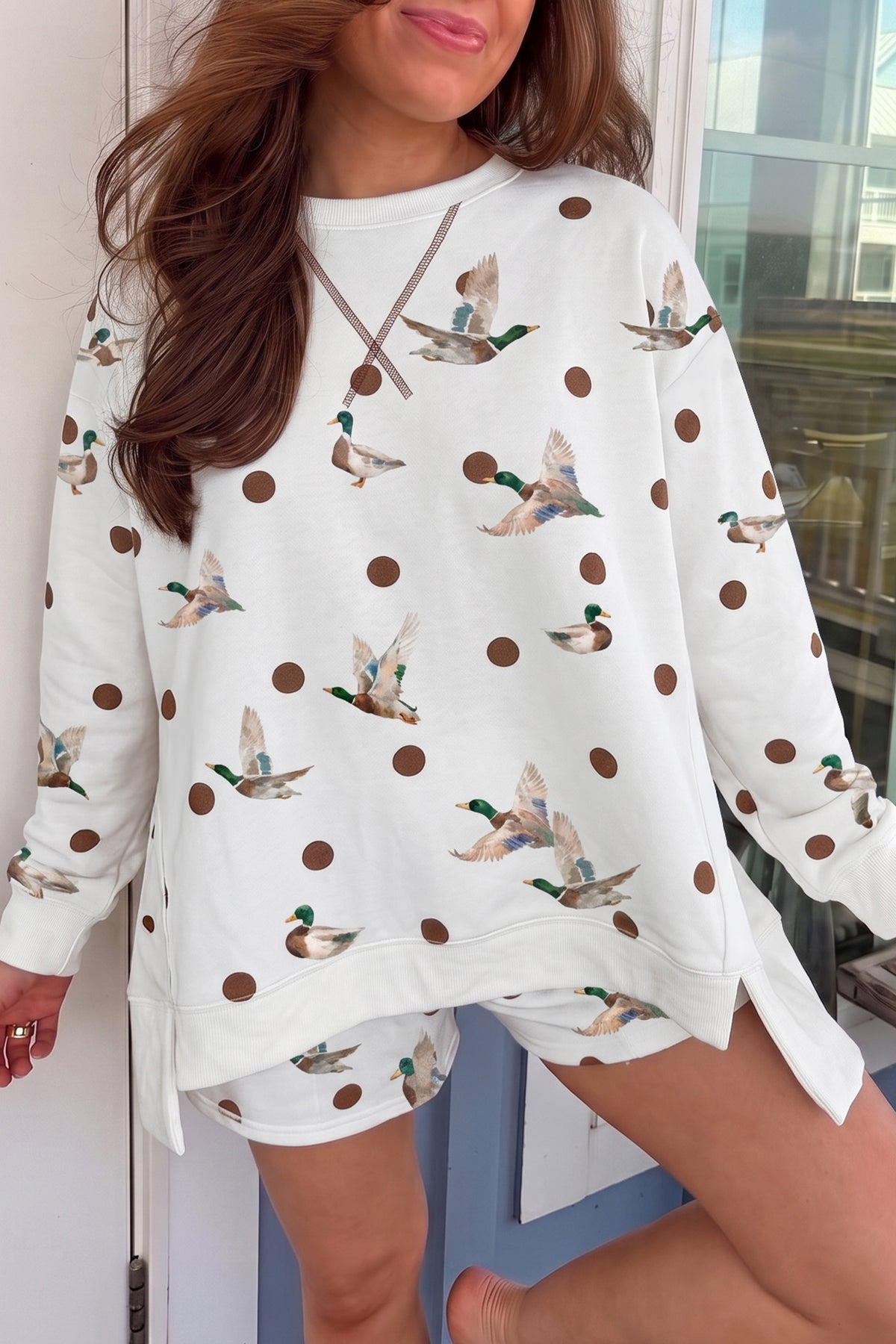 White Polka Dot Mallard Print Pullover and Shorts Set