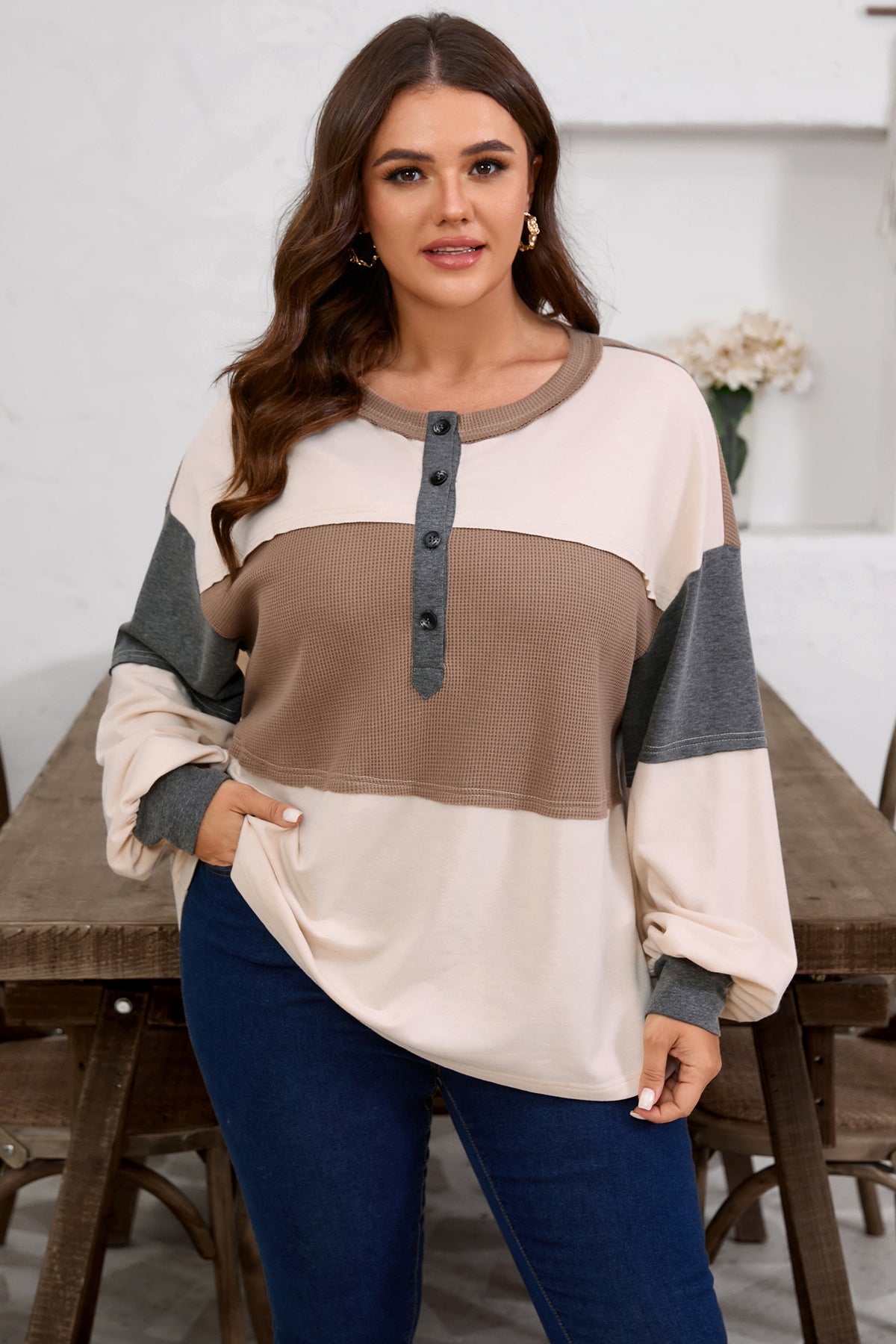 Jet Stream Waffle Patchwork Color-Block Half Buttons Casual Plus Size Knit Jumper