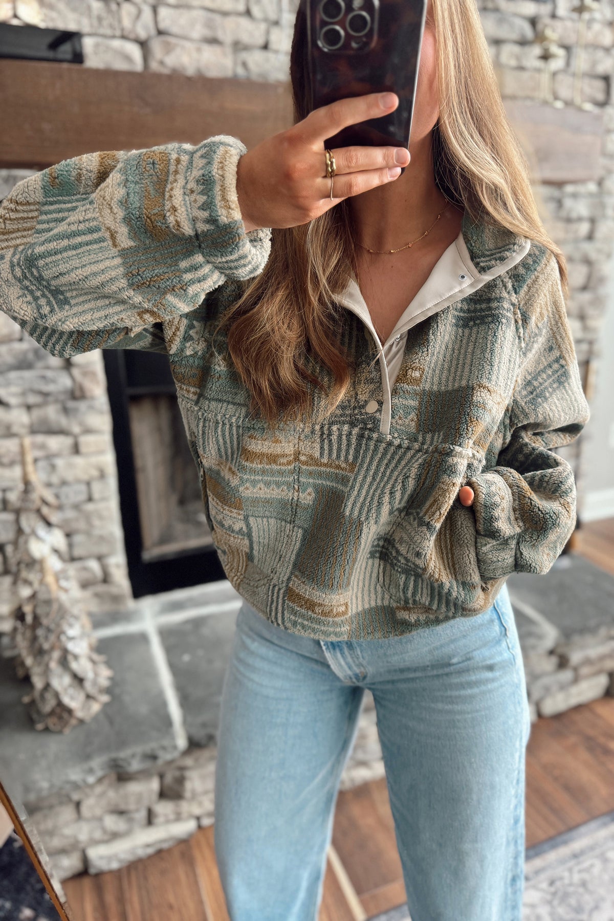 Green Western Print Fleece Pullover Fit Sweatshirt