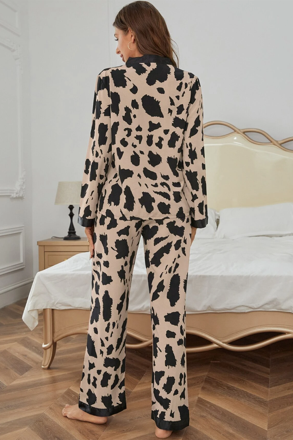 Khaki Cheetah Contrast Trim Loose Fit Pajama Set