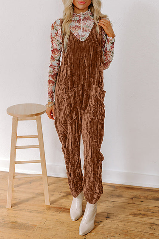 Chicory Coffee Velvet Adjustable Straps Patched Pocket Jumpsuit