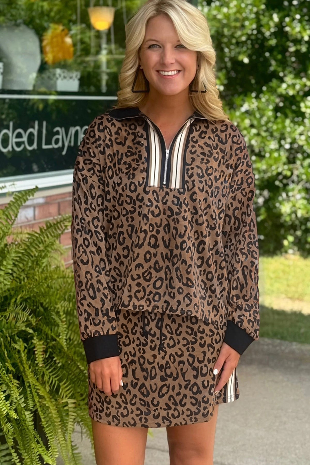 Women's Khaki Leopard Print Quarter Zip Long-Sleeve Top Mini Skort Set