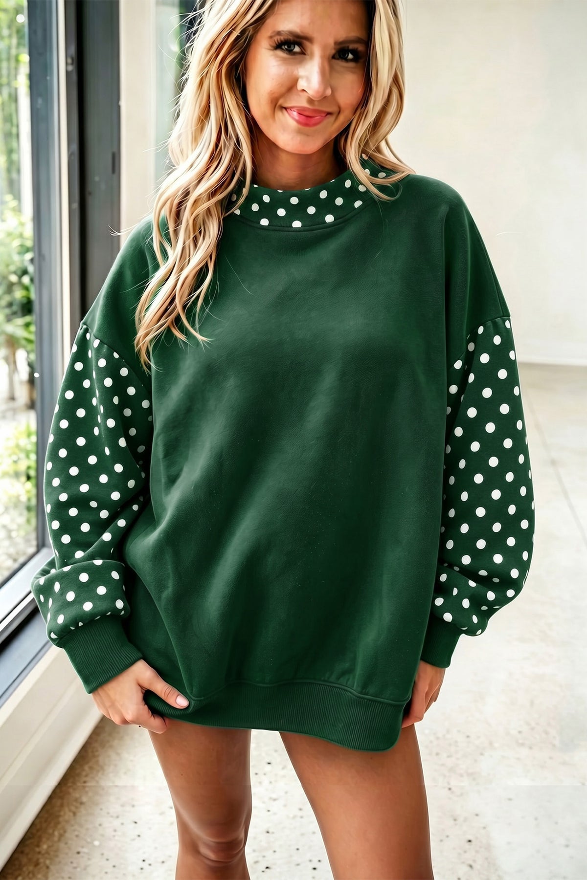 Fiery Red Polka Dot Contrast Long Sleeve Baggy Sweatshirt