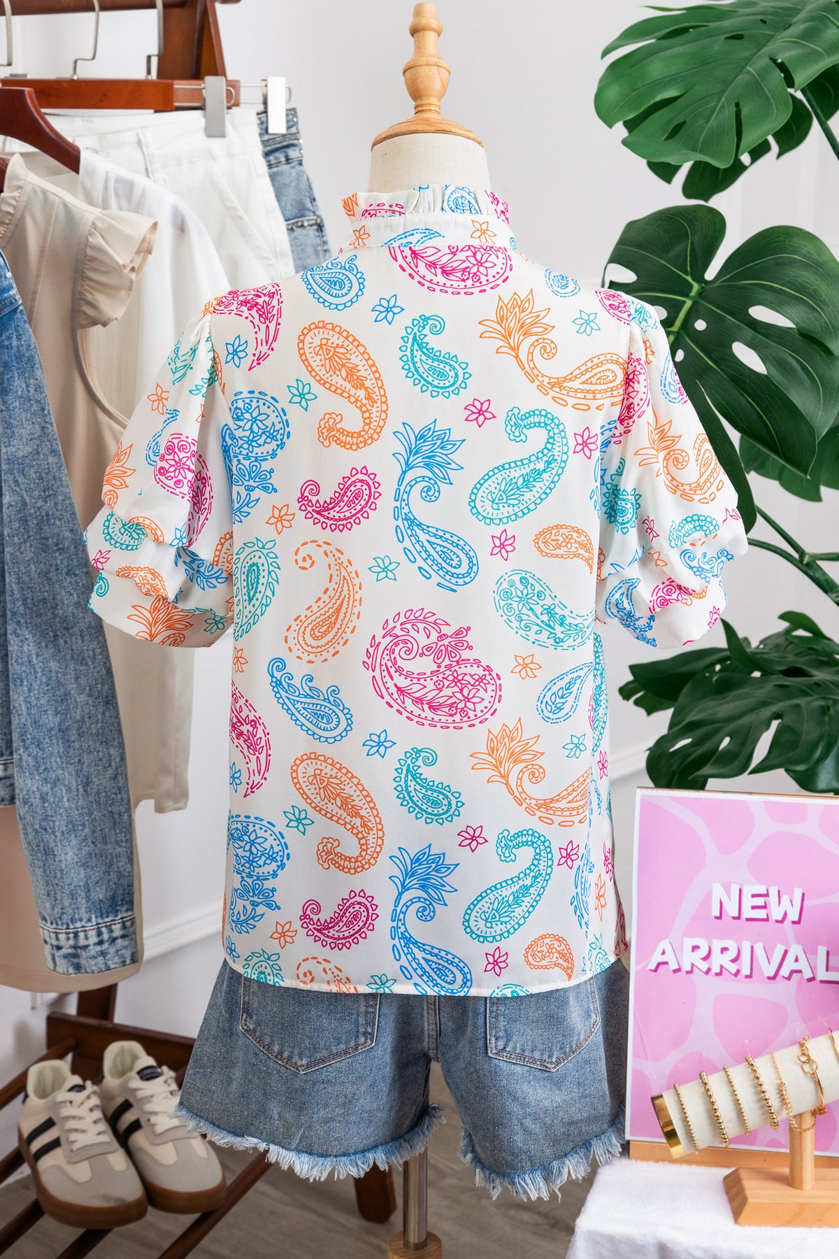 Multicolour Vibrant Paisley Button Keyhole Puff Sleeve Blouse