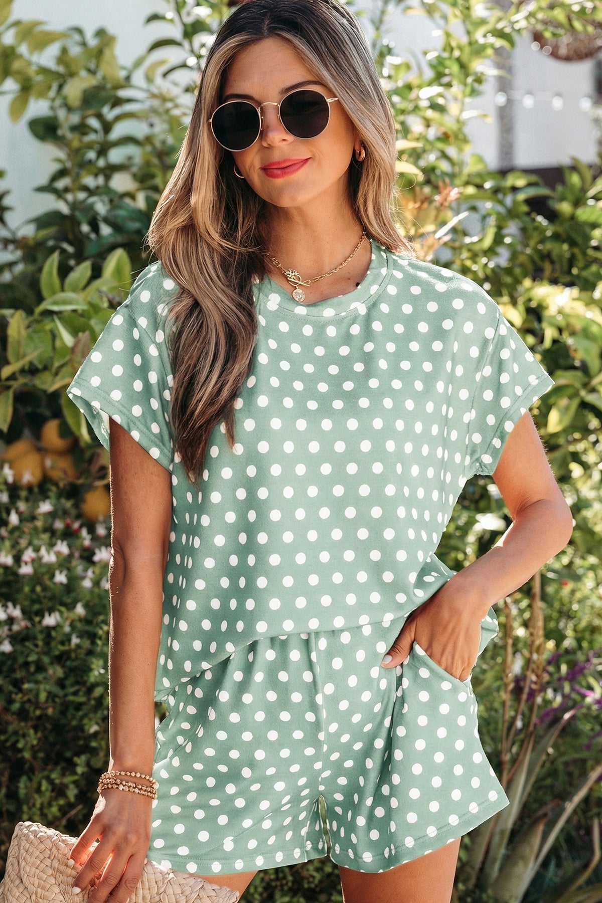 Women's Pink Polka Dot Print Shorts Two-Piece Set
