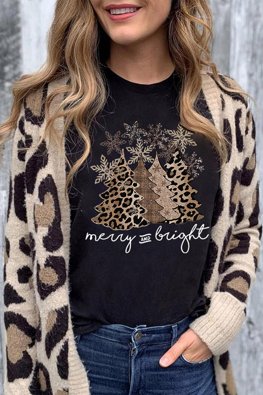 Black Leopard Christmas Tree Graphic Crew Neck T-Shirt