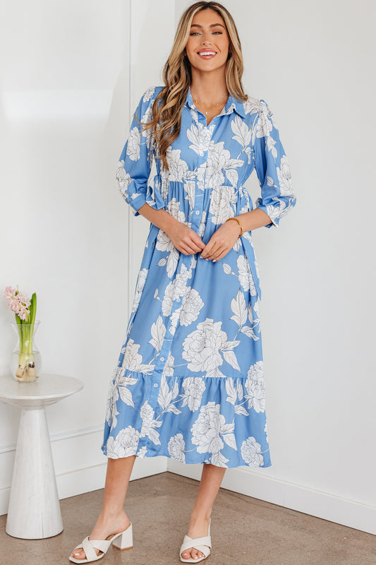 Sky Blue Floral Print Shirt Collar 3/4 Sleeve Ruffle Hem Long Dress