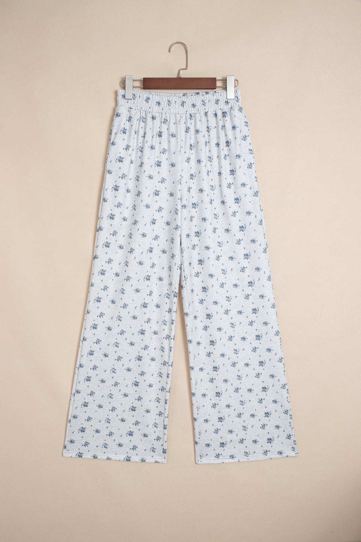 Gray Floral Print Elastic Waist Full-Length Regular Pants