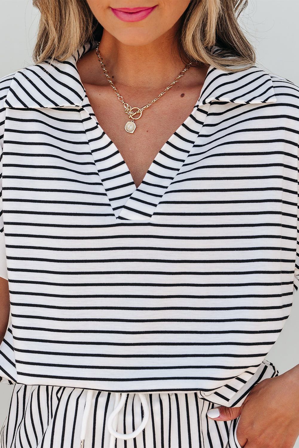 Women's Black Stripe V-Neck Tee and Casual Shorts Set