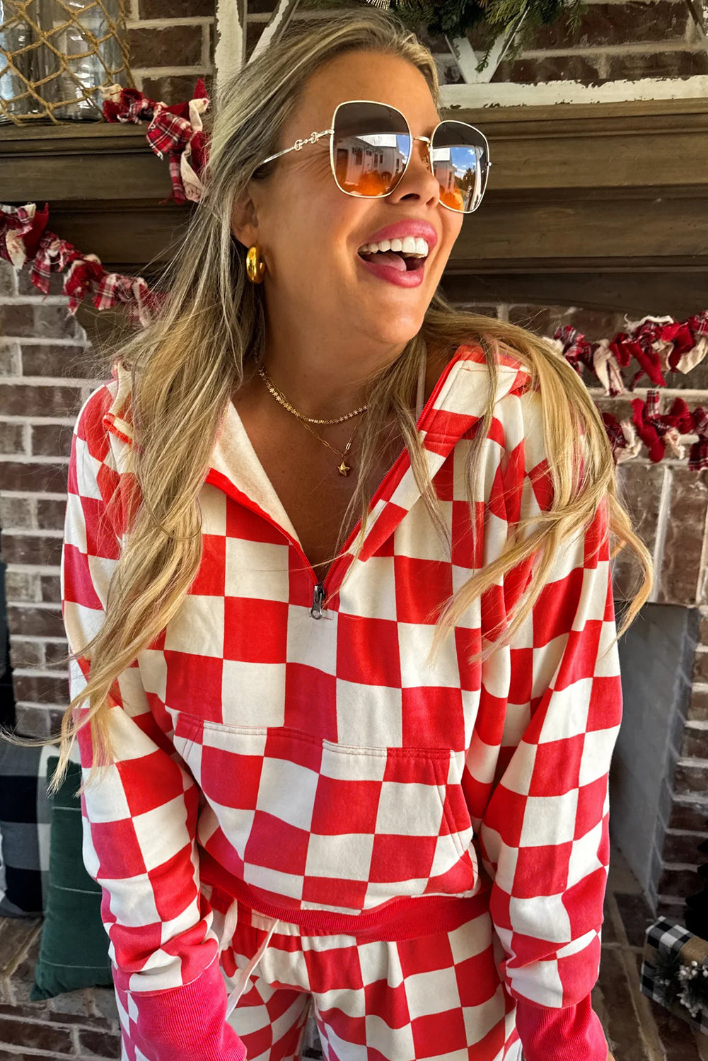 Women's Red Checkered Print Half Zip Hoodie Pants Two-Piece Set