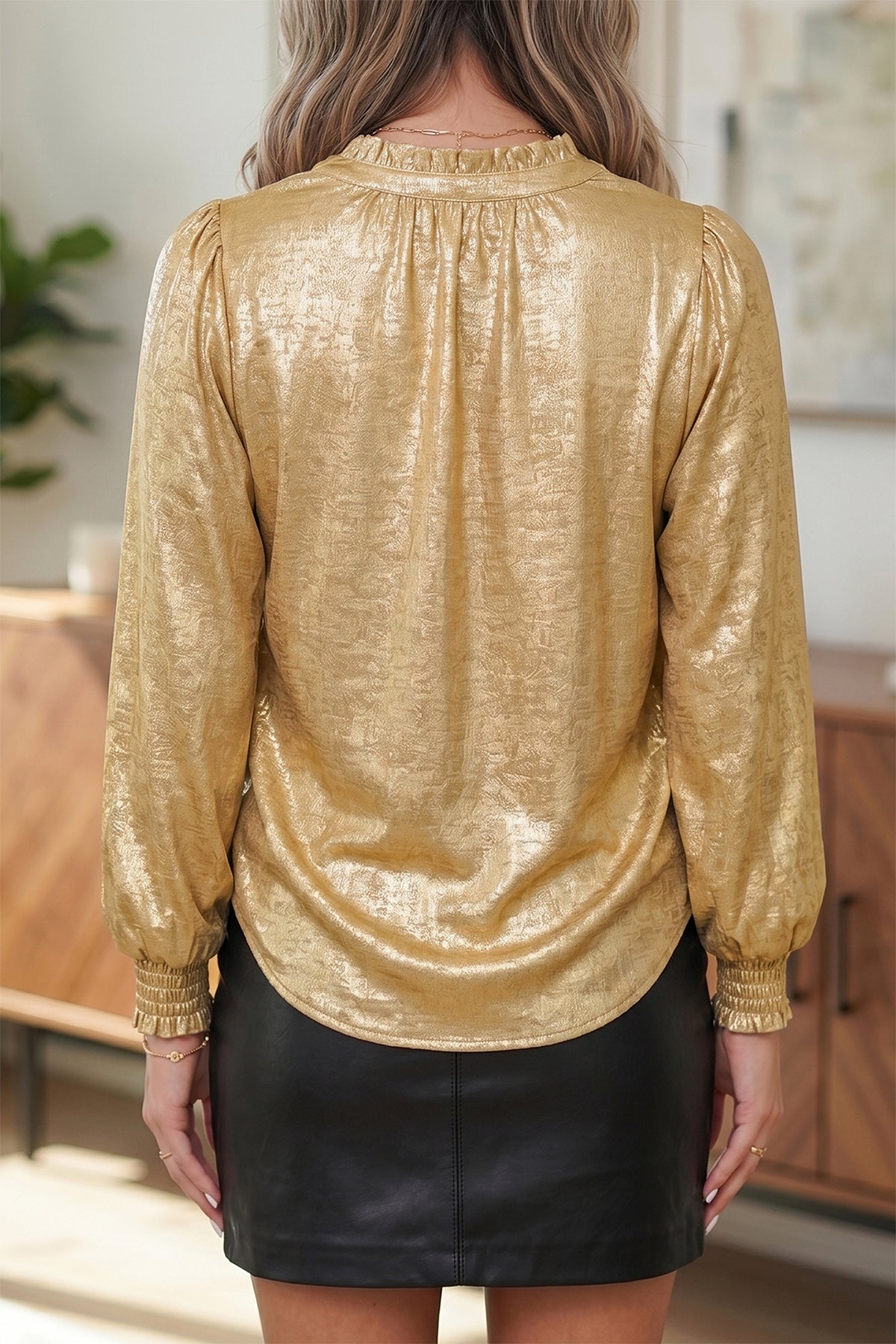 Gold Metallic Sheen V Neck Gathered Cuff Blouse