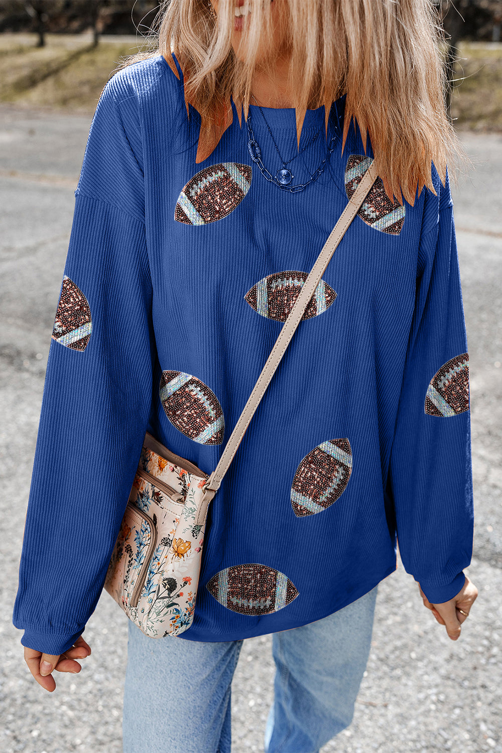 Dark Blue 3D Ribbed Texture Sequin Rugby Patched Baggy Sweatshirt