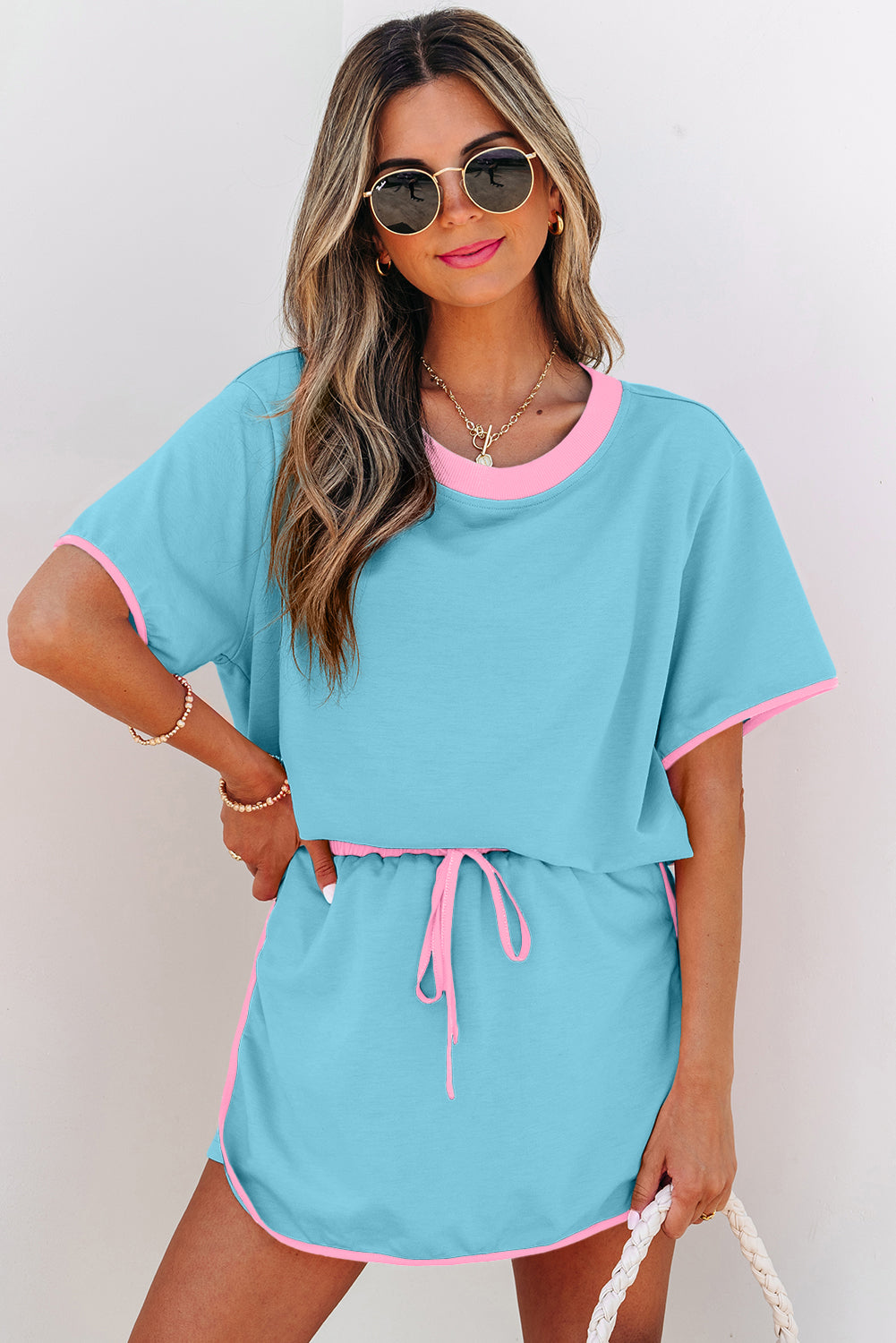 Women's Apricot Colorblock Edge Drop Shoulder T Shirt and Skort Two-Piece Set