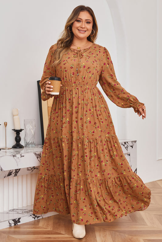 Brown Plus Size Floral Split V-Neck Ruffled Sleeve Tiered Maxi Dress