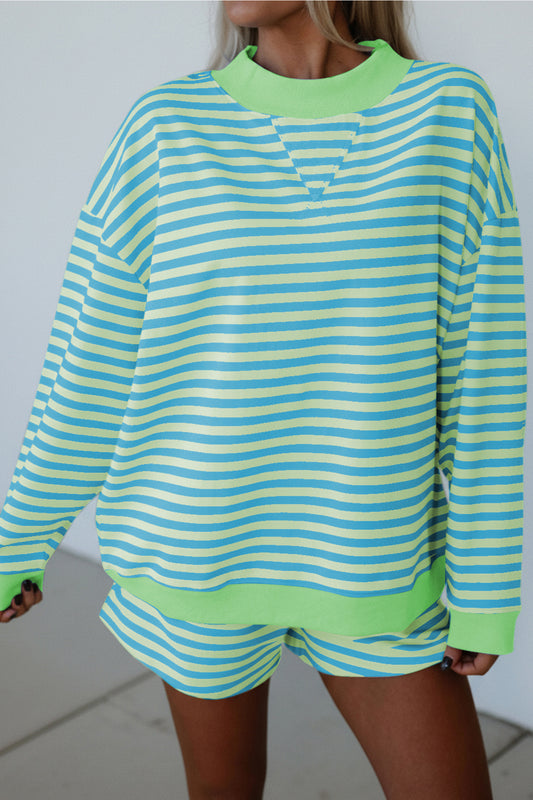 Women's Green Stripe Color Block Detail Long-Sleeve Pullover Elastic Waist Pull On Shorts Two-Piece Set