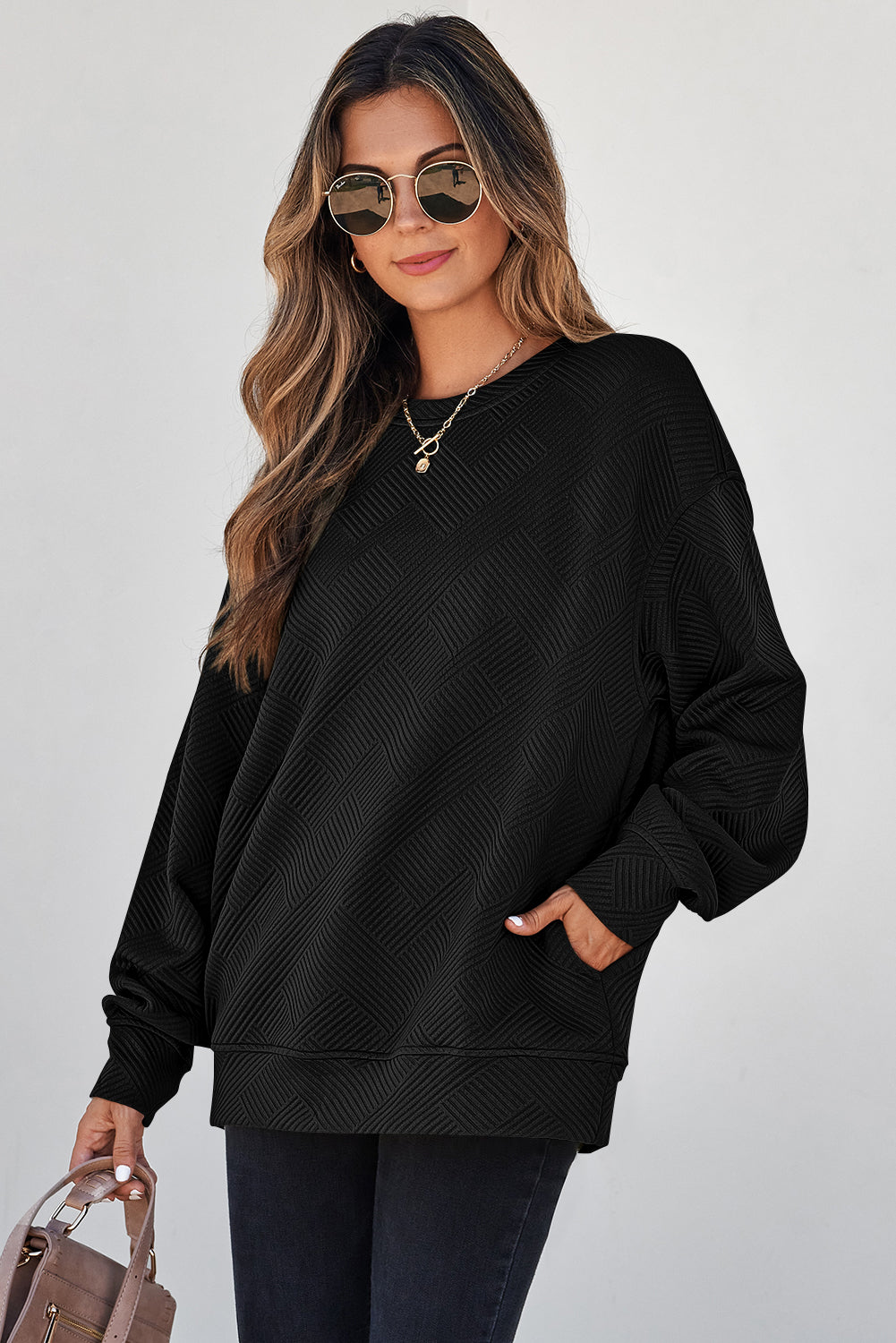 White Solid Color Textured Round Neck Sweatshirt