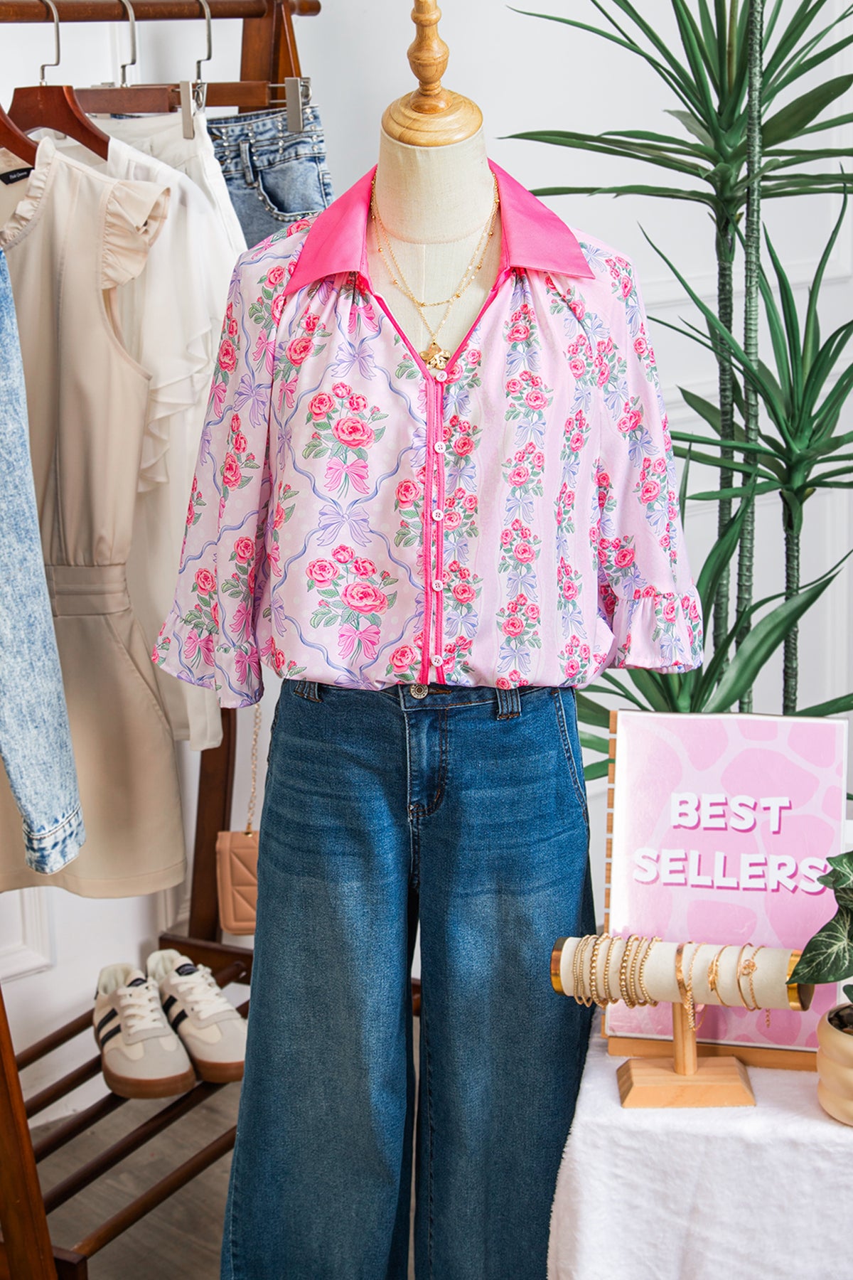 Purple Floral Collared Ruffled Half Sleeve Shirt