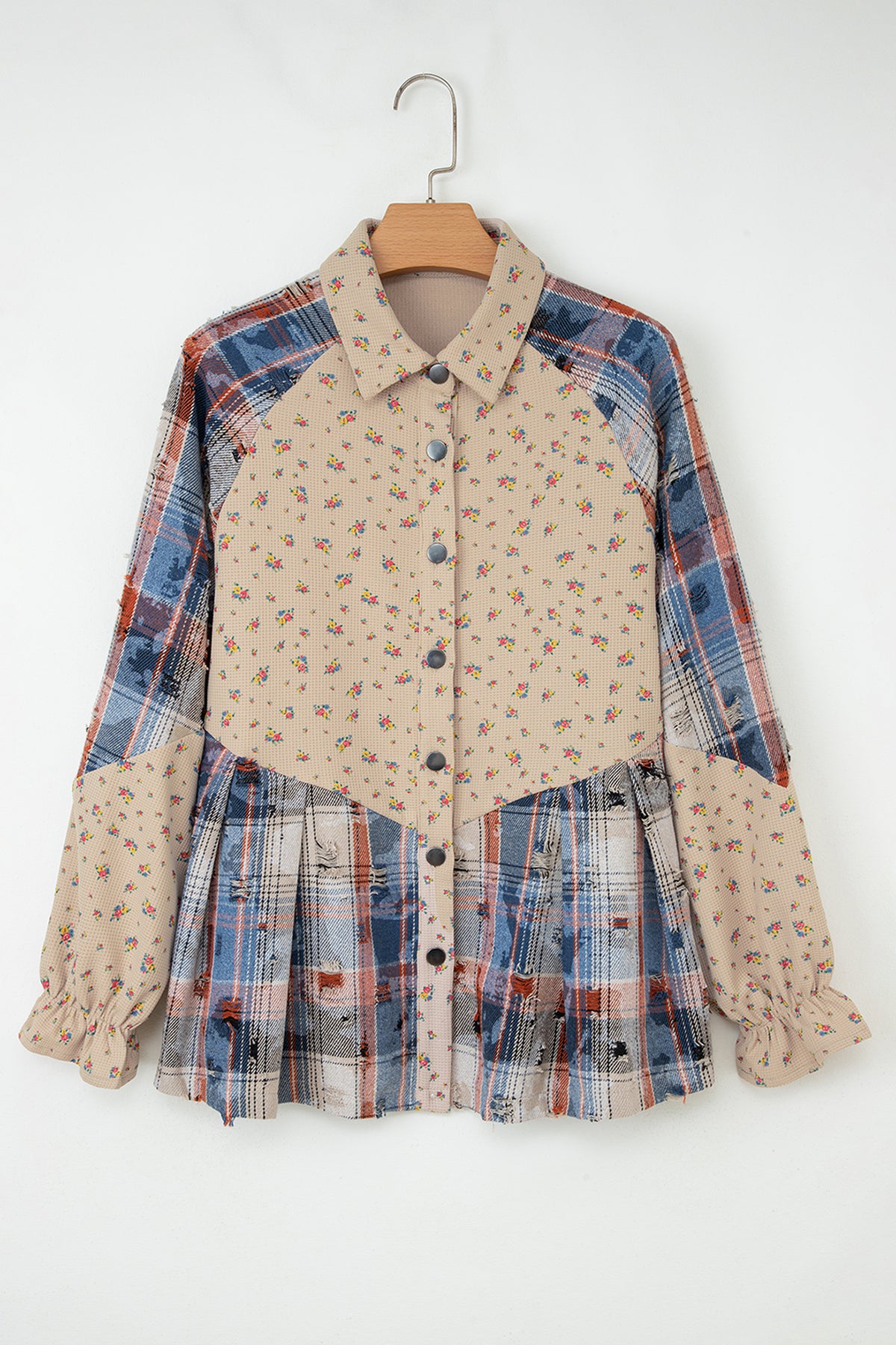 Oatmeal Boho Floral Plaid Distressed Ruffled Sleeve Waffle Knit Shacket