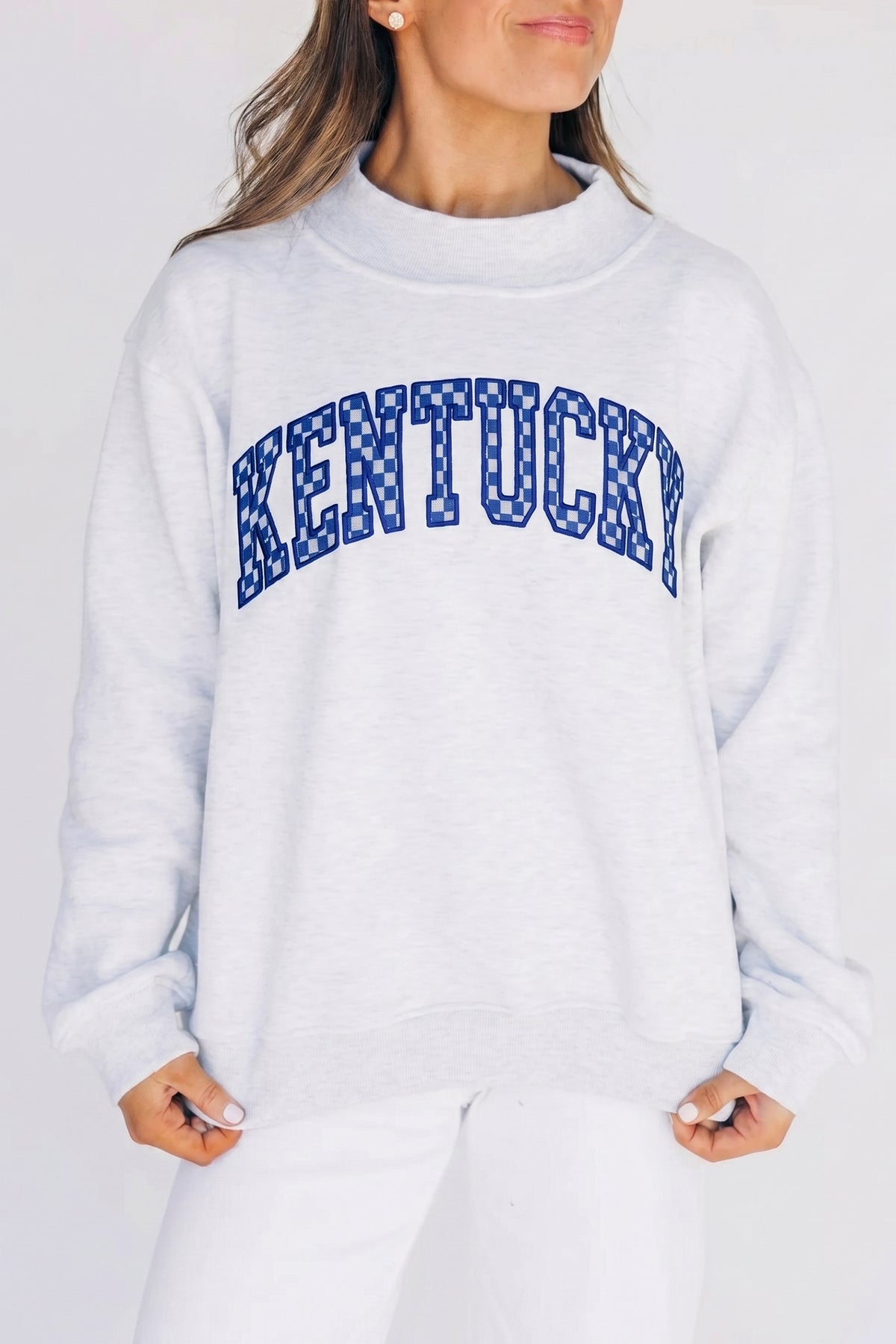 Light Grey High Neck Embroidered Checkered Sweatshirt
