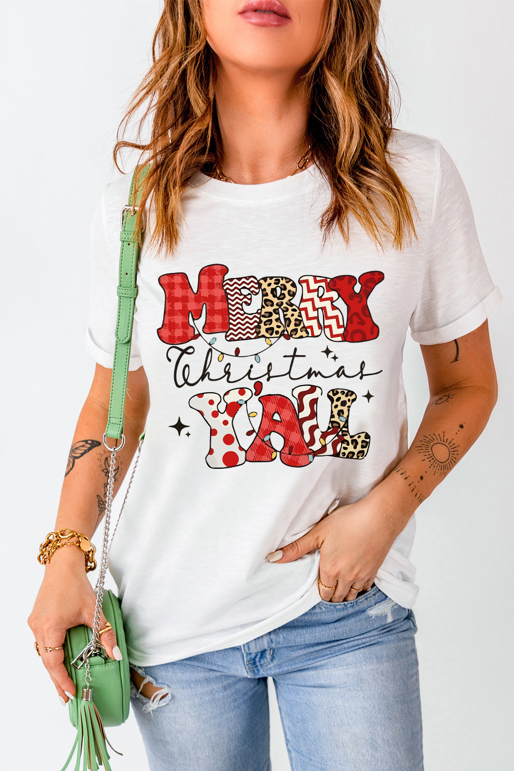 White MERRY Christmas YAll Graphic Crewneck T-Shirt