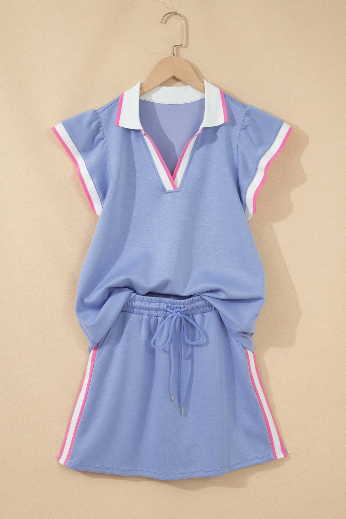 Women's Sky Blue Preppy Striped Trim V-Neck Polo Tee Drawstring Skort Set