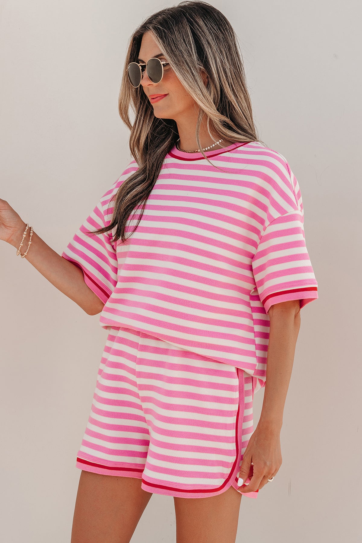 Women's Pink Stripe Contrast Trim Short-Sleeve Top Shorts Two-Piece Outfit Set