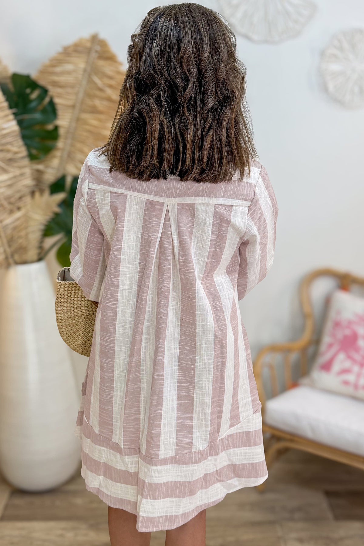 Khaki Stripe Button Up Three Quarter Sleeve Short Shift Dress