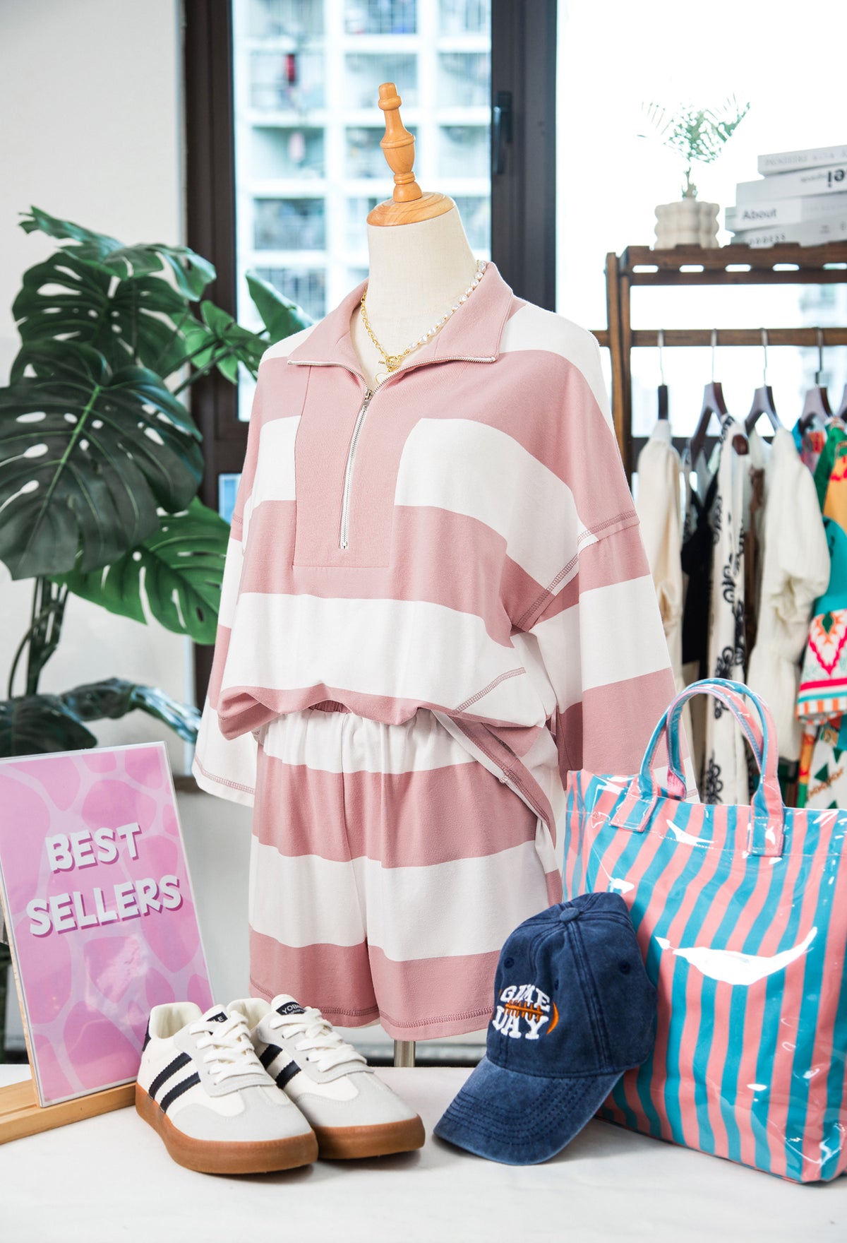 Women's Pink Stripe Half Zip Bracelet Sleeve Top Casual Shorts Set