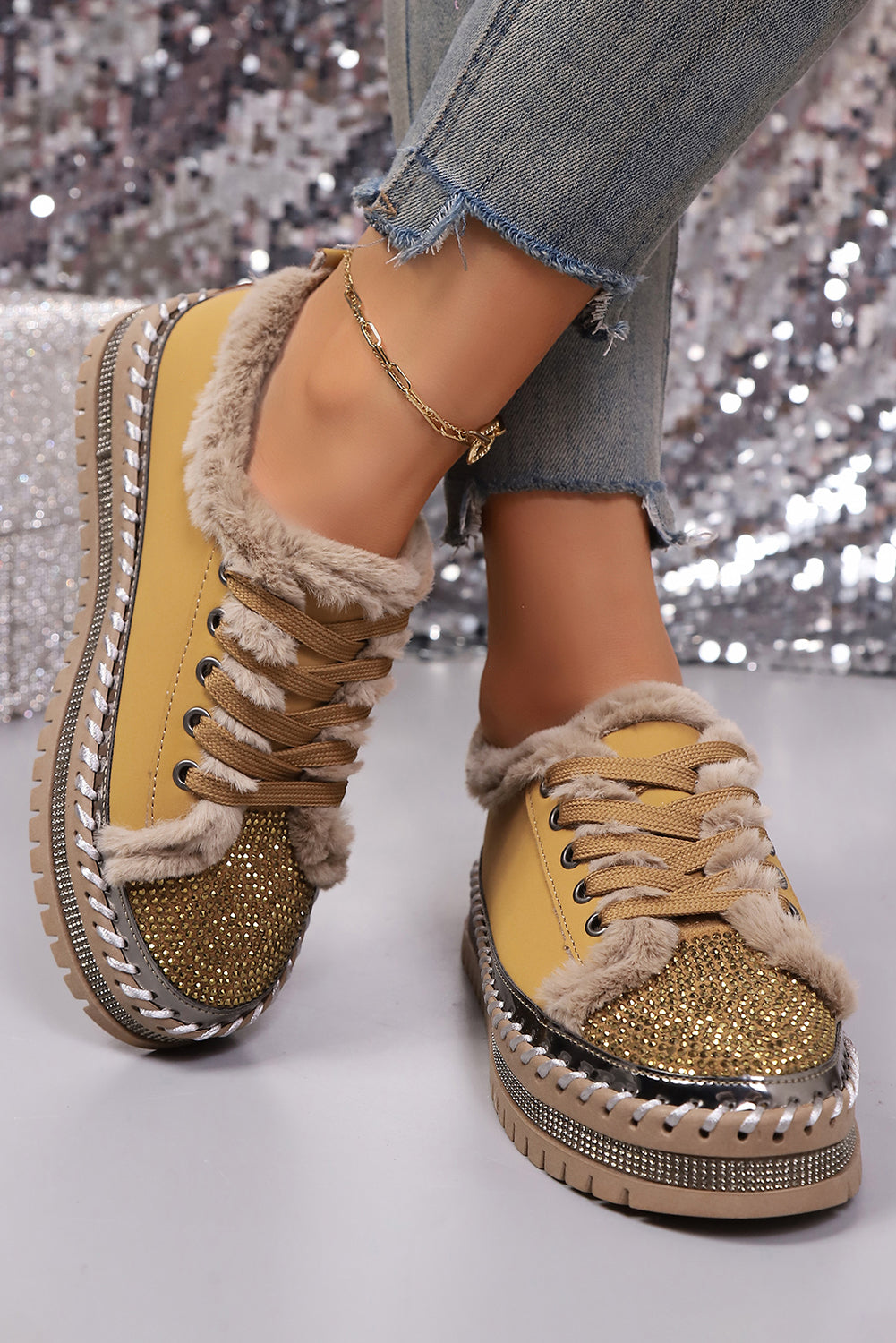 Thai Curry Rhinestone Faux-Fur Lined Lace-Up Shoes