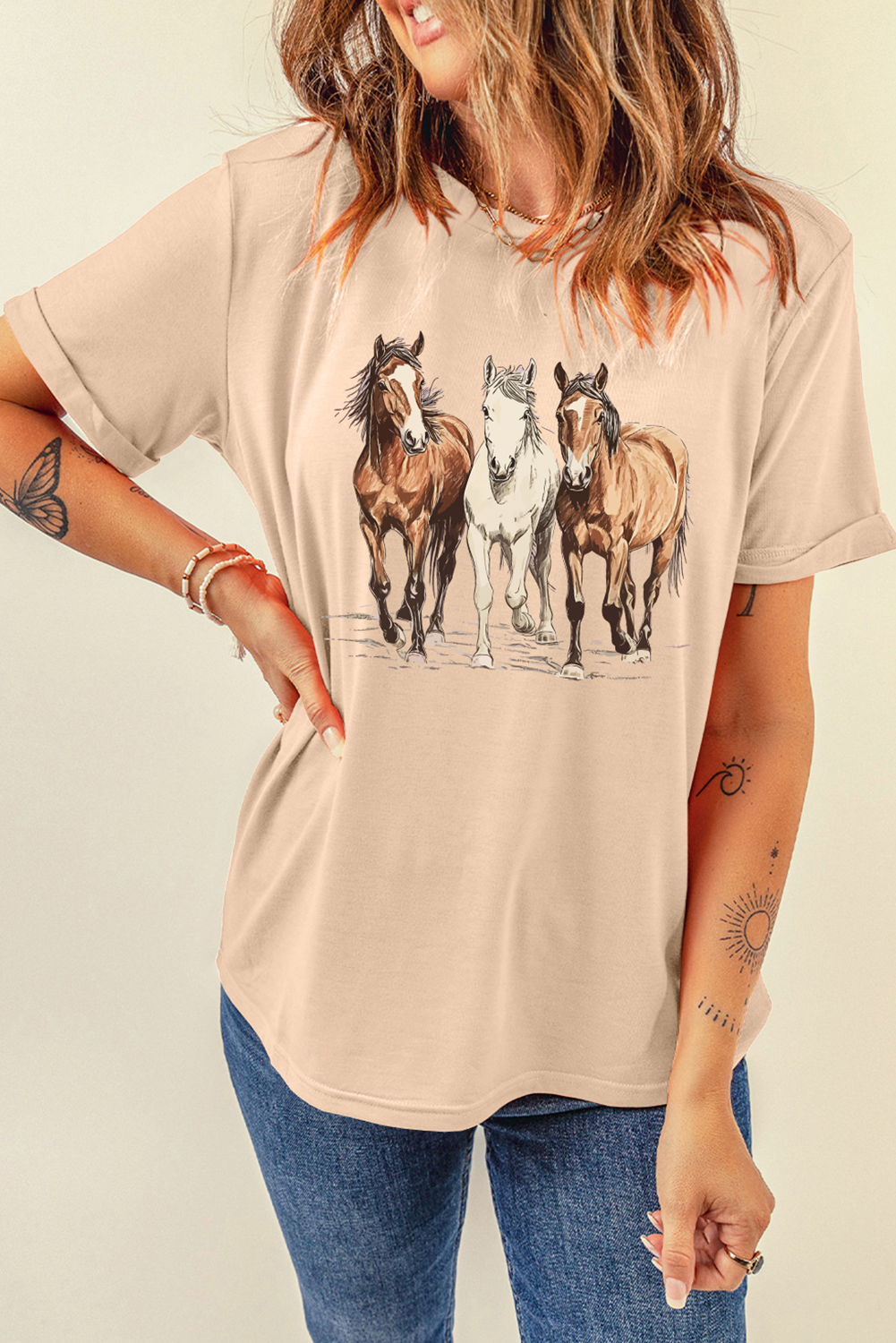 Khaki Gallant Horses Printed Casual T-Shirt