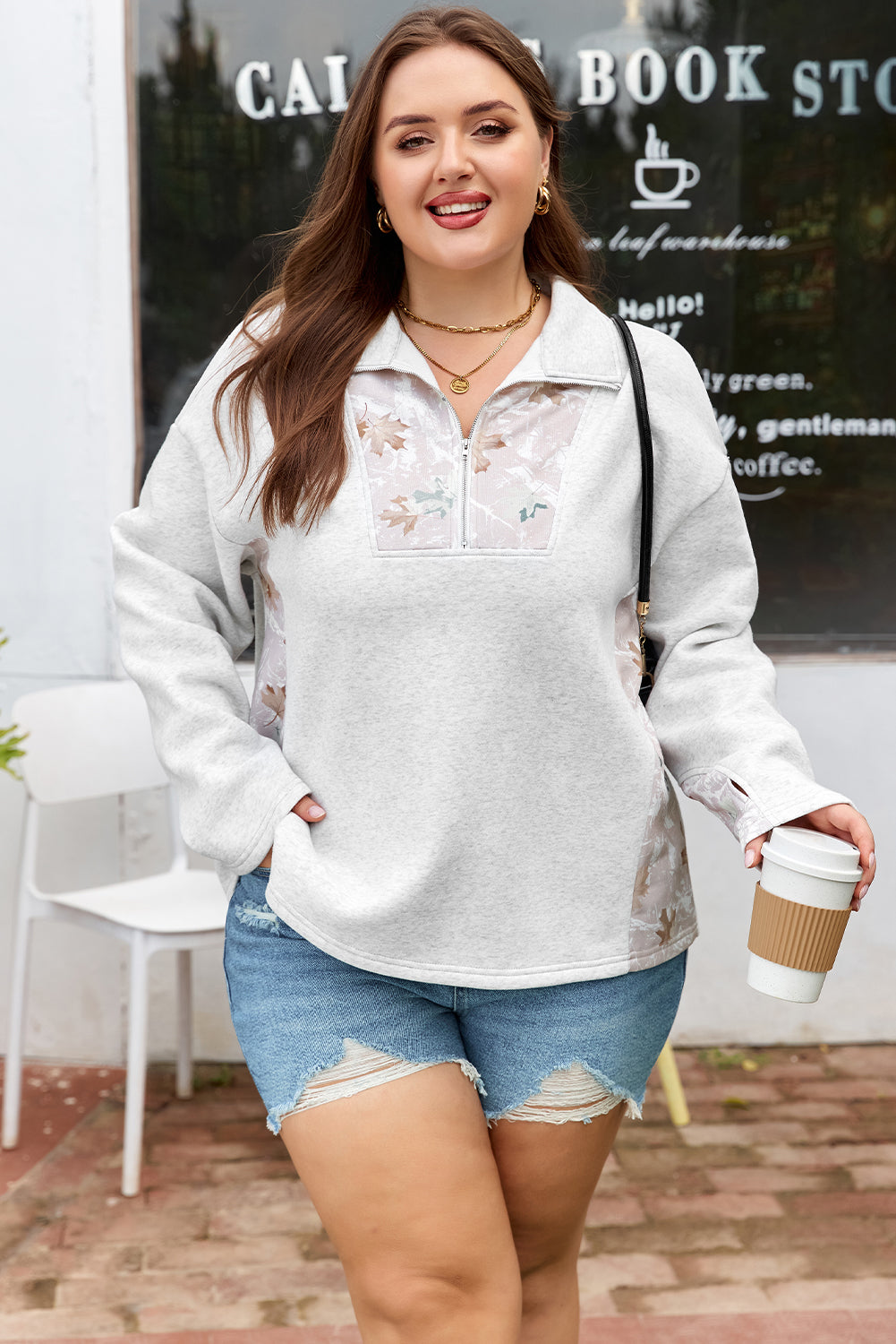 Women's Gray Camo Leaves Patchwork Zipped Collar Pullover Plus Size Sweatshirt Set