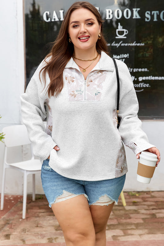 Women's Gray Camo Leaves Patchwork Zipped Collar Pullover Plus Size Sweatshirt Set