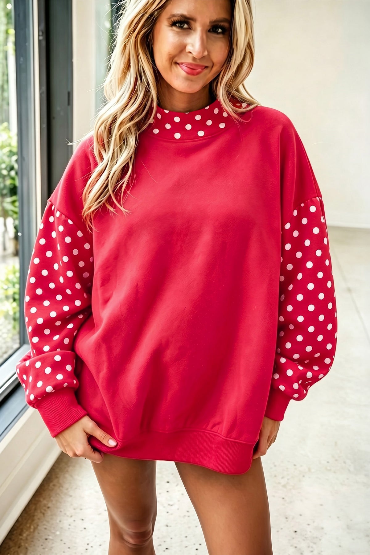 Fiery Red Polka Dot Contrast Long Sleeve Baggy Sweatshirt