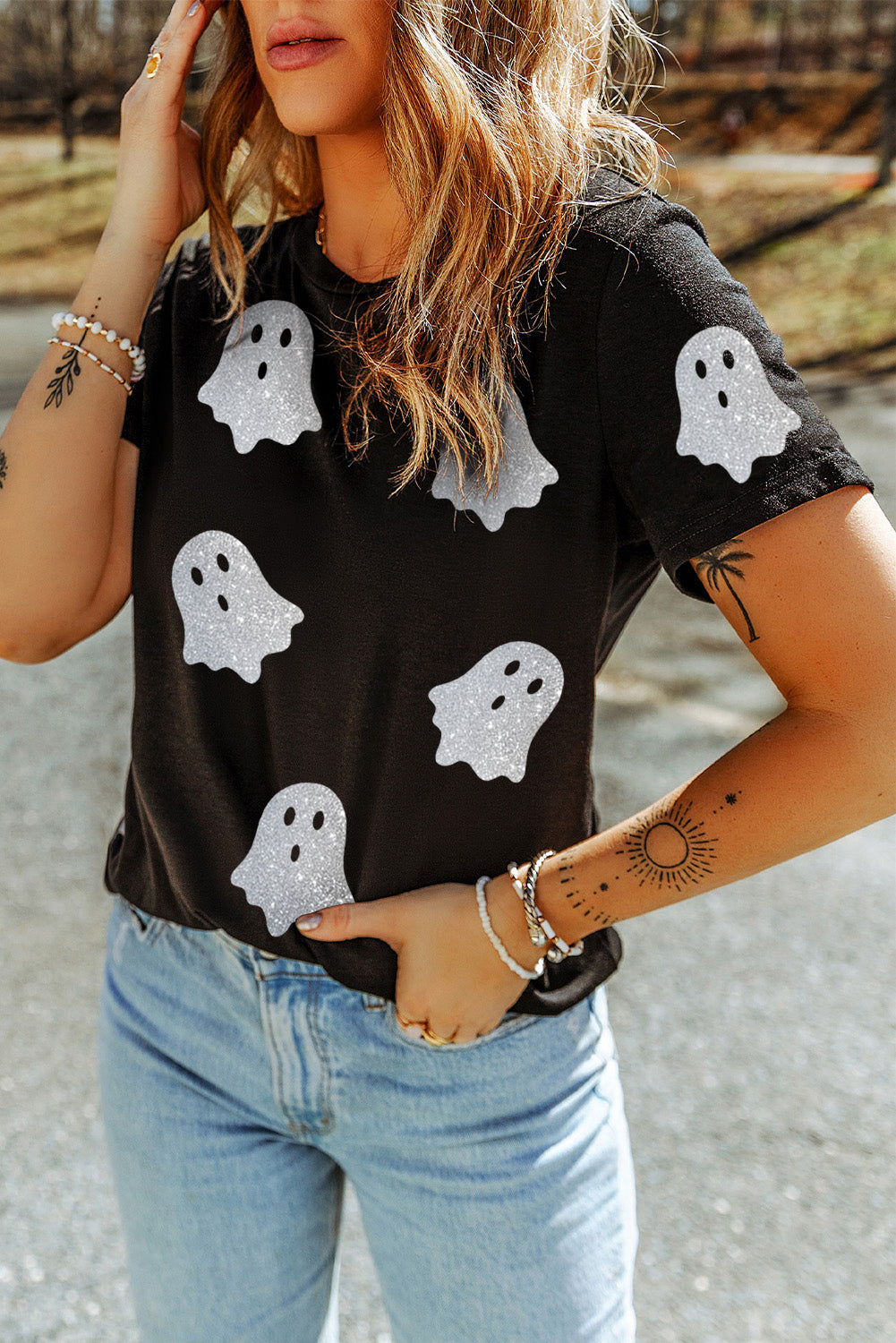 Black Glitter Ghost Pattern Crew Neck Halloween T-Shirt