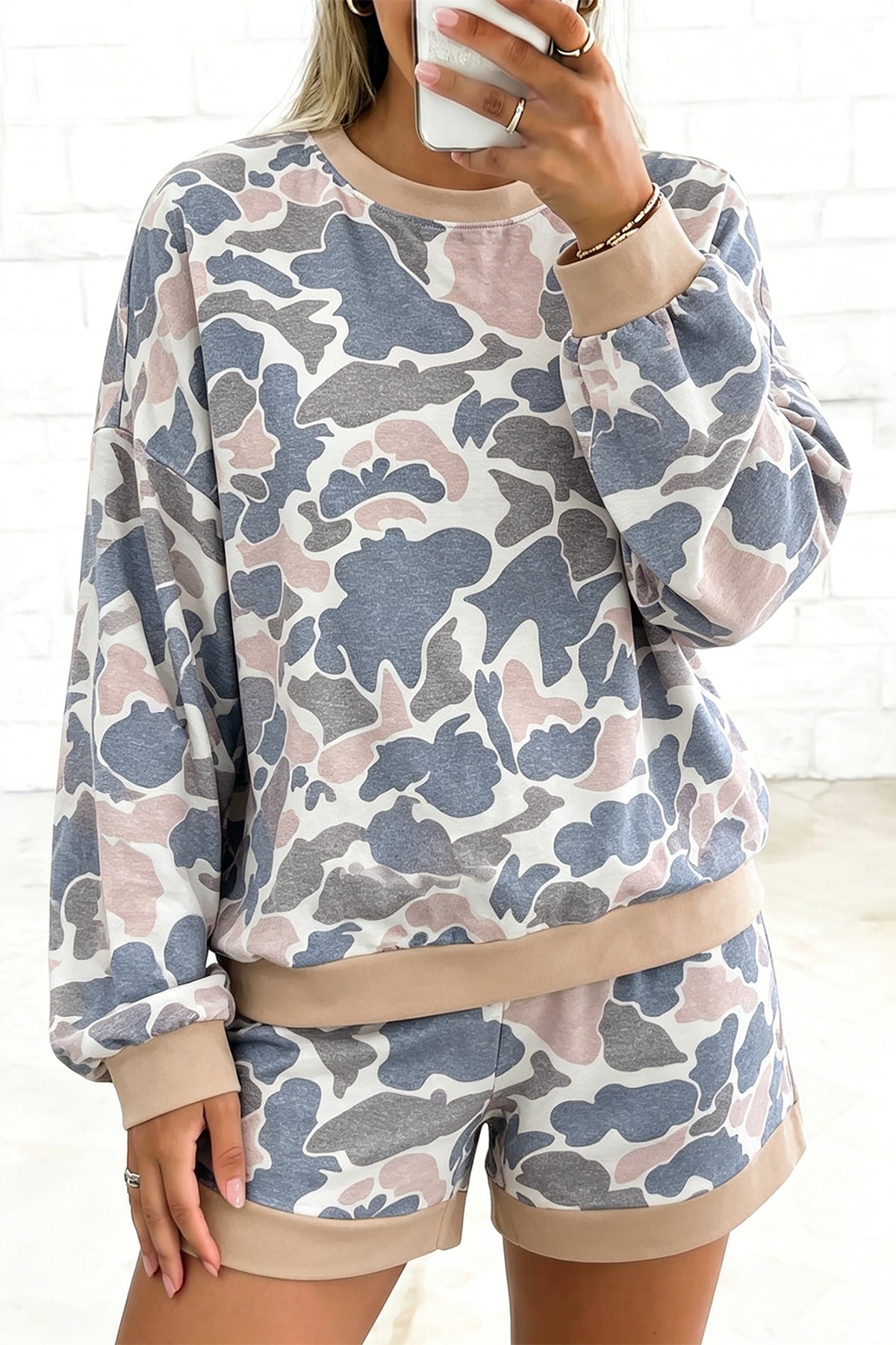 Women's Multicolour Camouflage Patchwork Colorblock Two-Piece Long-Sleeve Top and Shorts Set