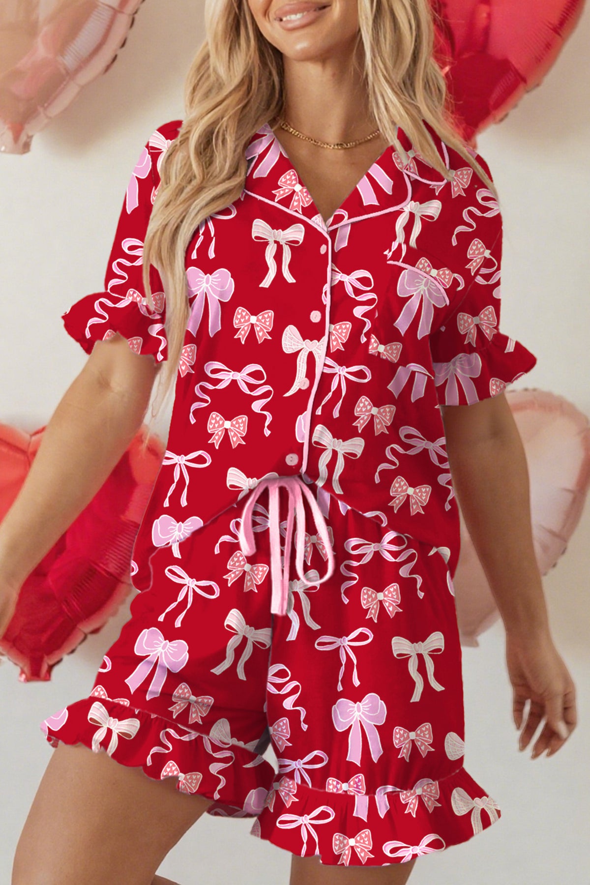 Red Sweet Bow Print Ruffled Short Sleeve Shirt Shorts Pajama Set