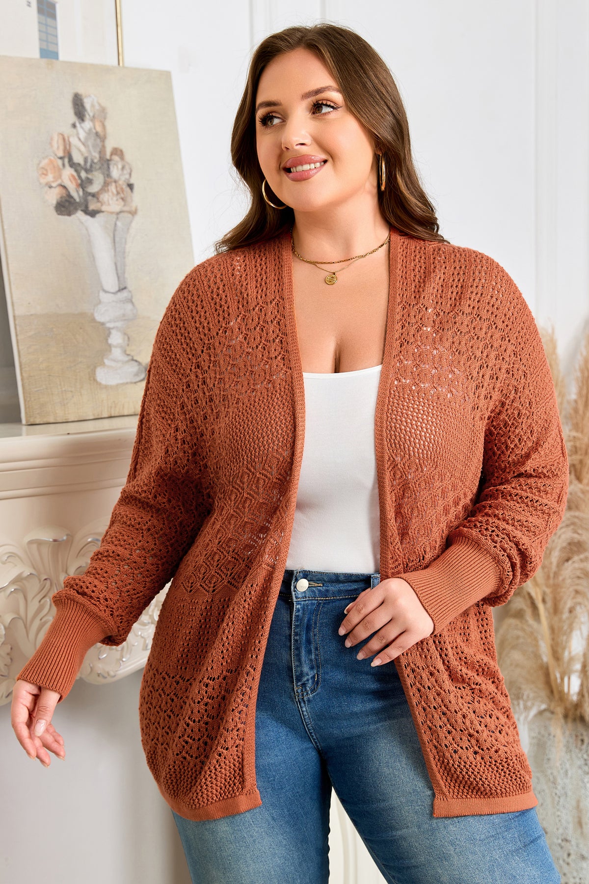 Redwood Burl Mixed Pattern Knitted Open-Front Plus Cardigan