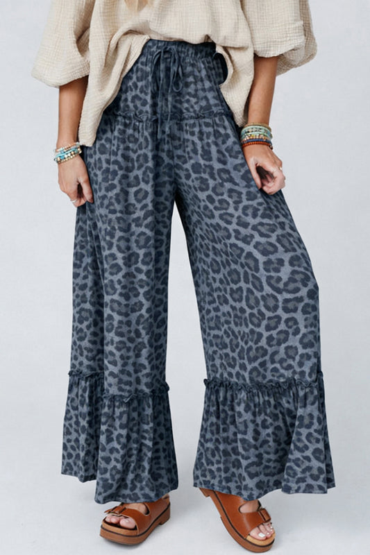 Gray Wild Leopard Print Frilled Drawstring Wide Leg Pants