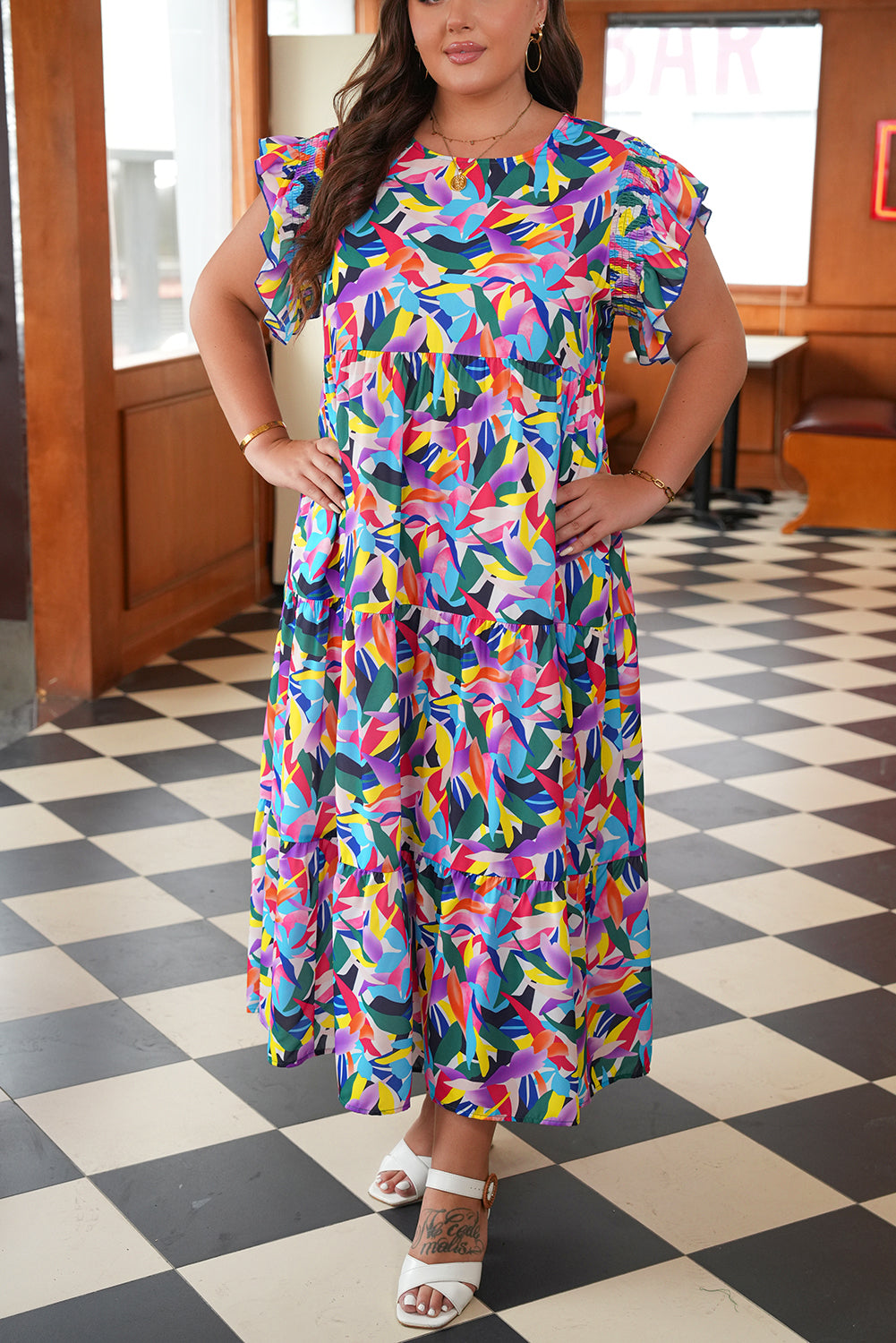 Blue Geometric Print Ruffled Short-Sleeve Plus Size Tiered Maxi Dress
