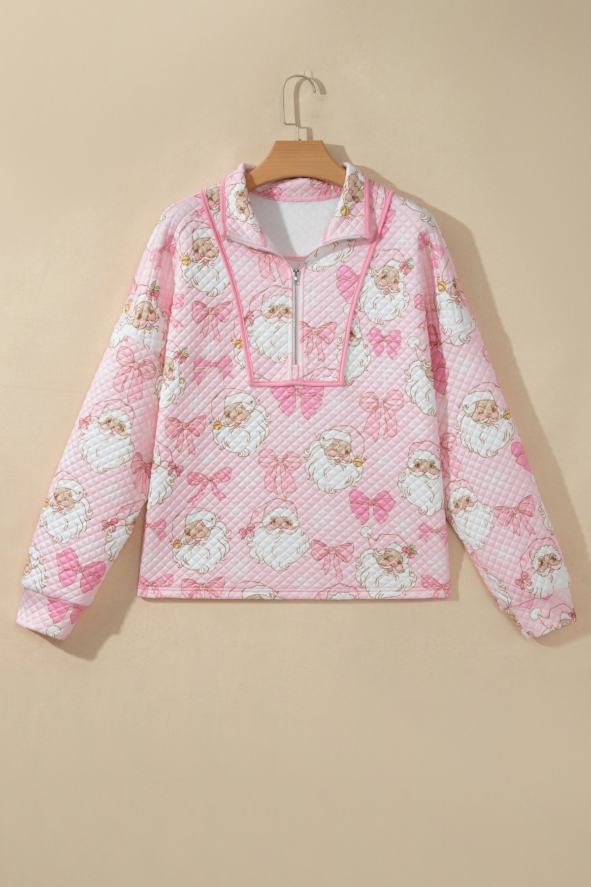 Pink Abstract Christmas Print Zip-Up Collar Sweatshirt