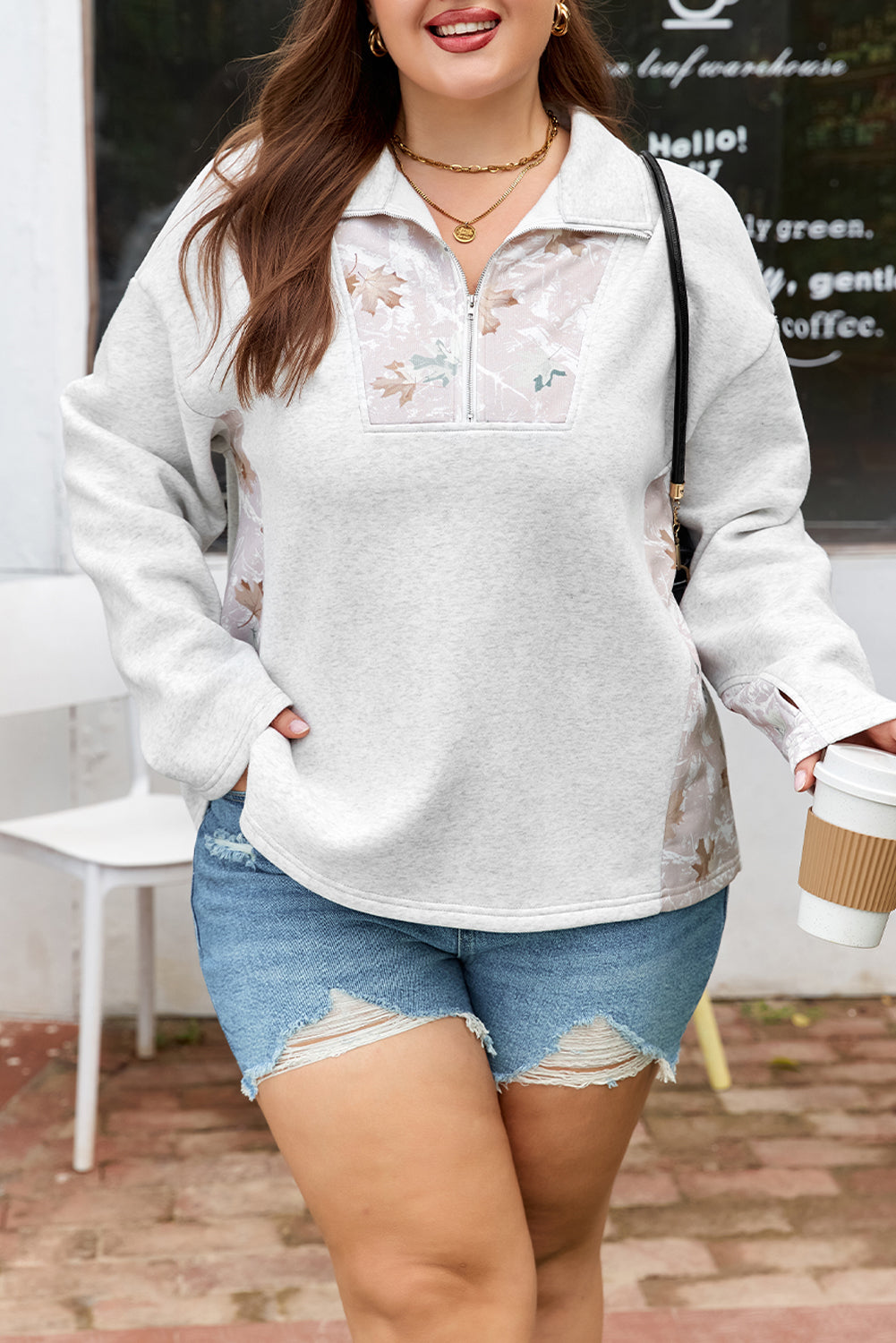 Women's Gray Camo Leaves Patchwork Zipped Collar Pullover Plus Size Sweatshirt Set